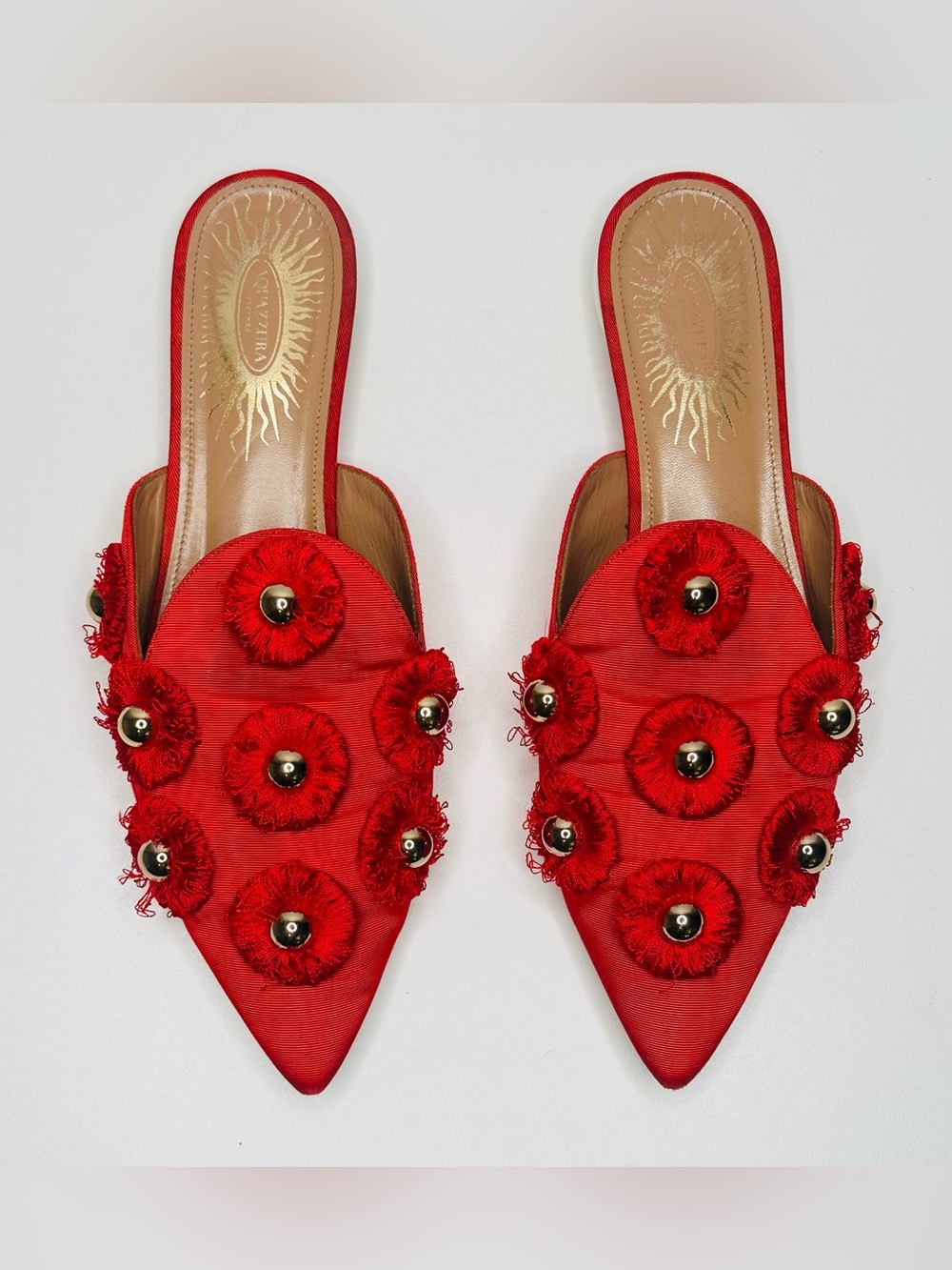 Aquazzura Sunflower Red Brocade Canvas Gold Embellished Slide Flats Mules Shoes - Picture 10 of 11